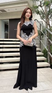 TADASHI SHOJI タダシショウジ ブラック×シルバーサイドレースロングドレス