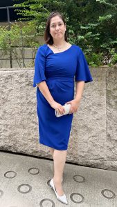 THEIA ブルーアシメネックドレス