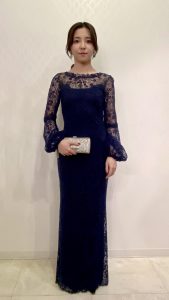 TADASHI SHOJI 　タダシショウジ　ネイビードットパフ（長袖）ロングドレス